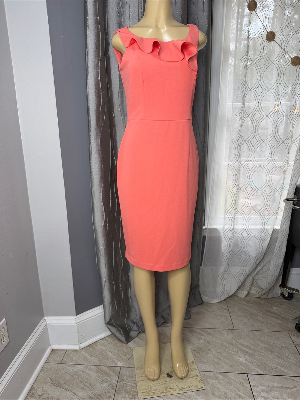 Calvin Klein Women’s Sz 8  Coral Ruffle Neck Midi Sheath Dress